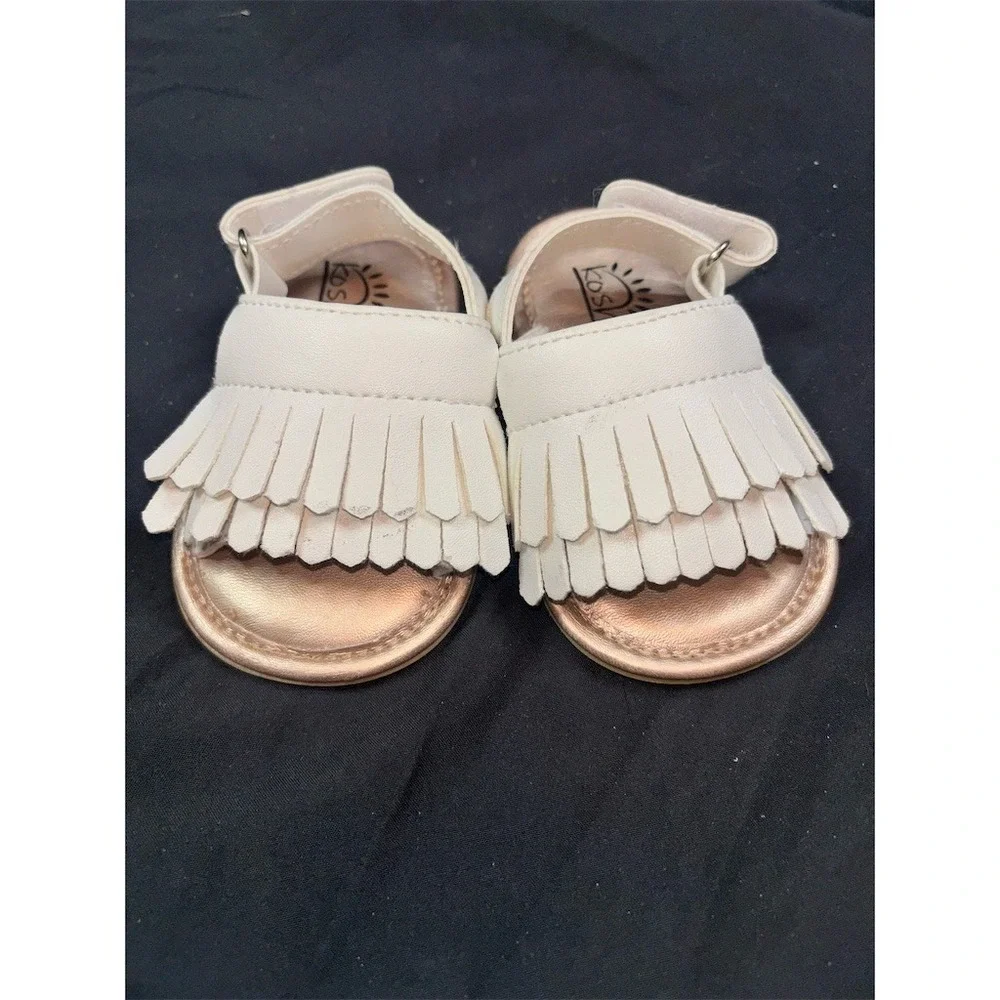 Koshine Girls Sandals White Fringe Tassel Open Toe Hook & Loop Strap infant 3
